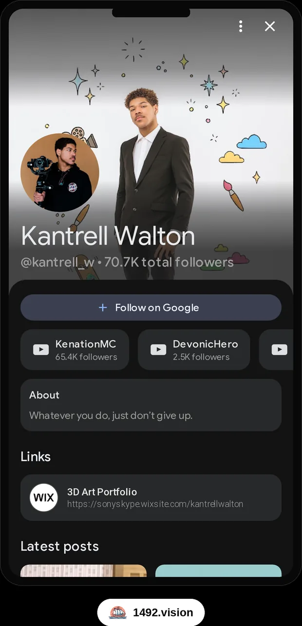 Google profile for creator Kantrell Walton: display name Kantrell Walton, handle @kantrell_w, and two linked verified YouTube channels under other names, KenationMC and DevonicHero