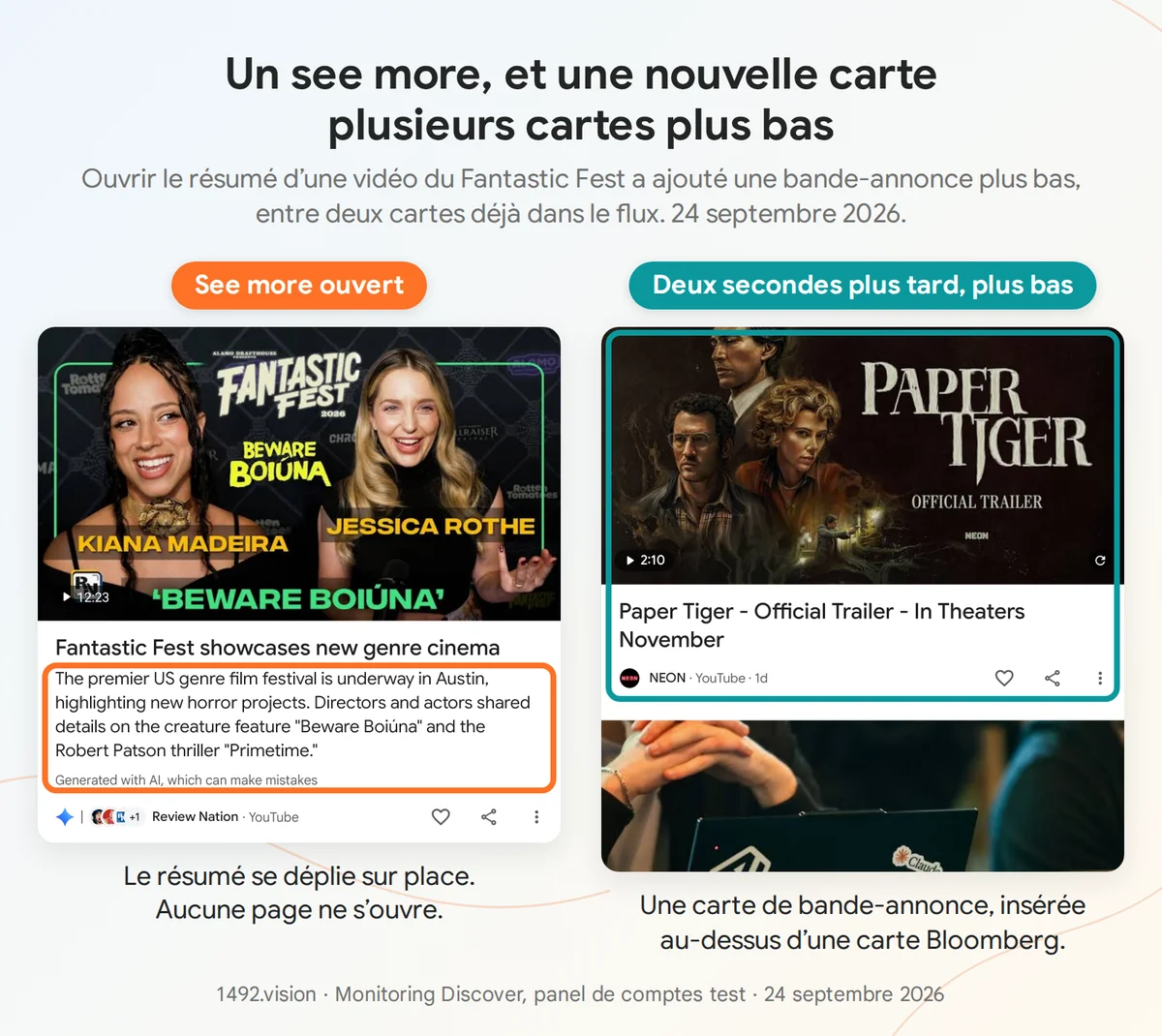 Un see more déplie le résumé sur place. Deux secondes plus tard, une carte bande-annonce apparaît plus bas, au-dessus d'une carte Bloomberg. 24 septembre 2026.