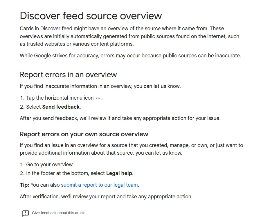 Documentation officielle Google sur les Discover feed source overview
