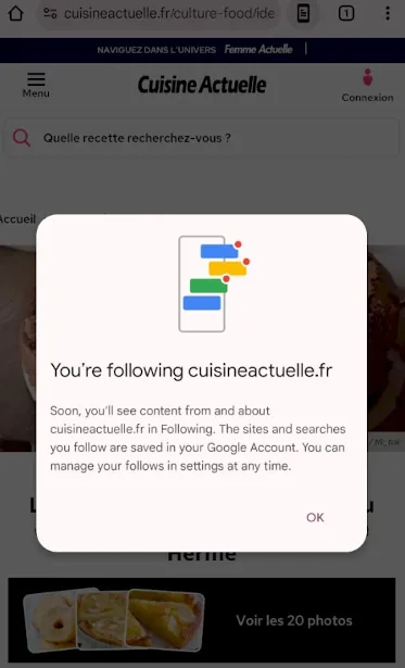 Confirmation du follow d'un site via Chrome