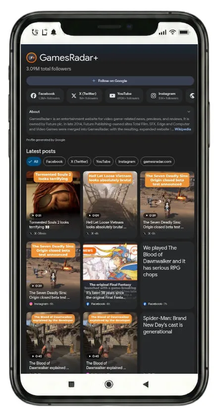 Page profil GamesRadar+ sur profile.google.com