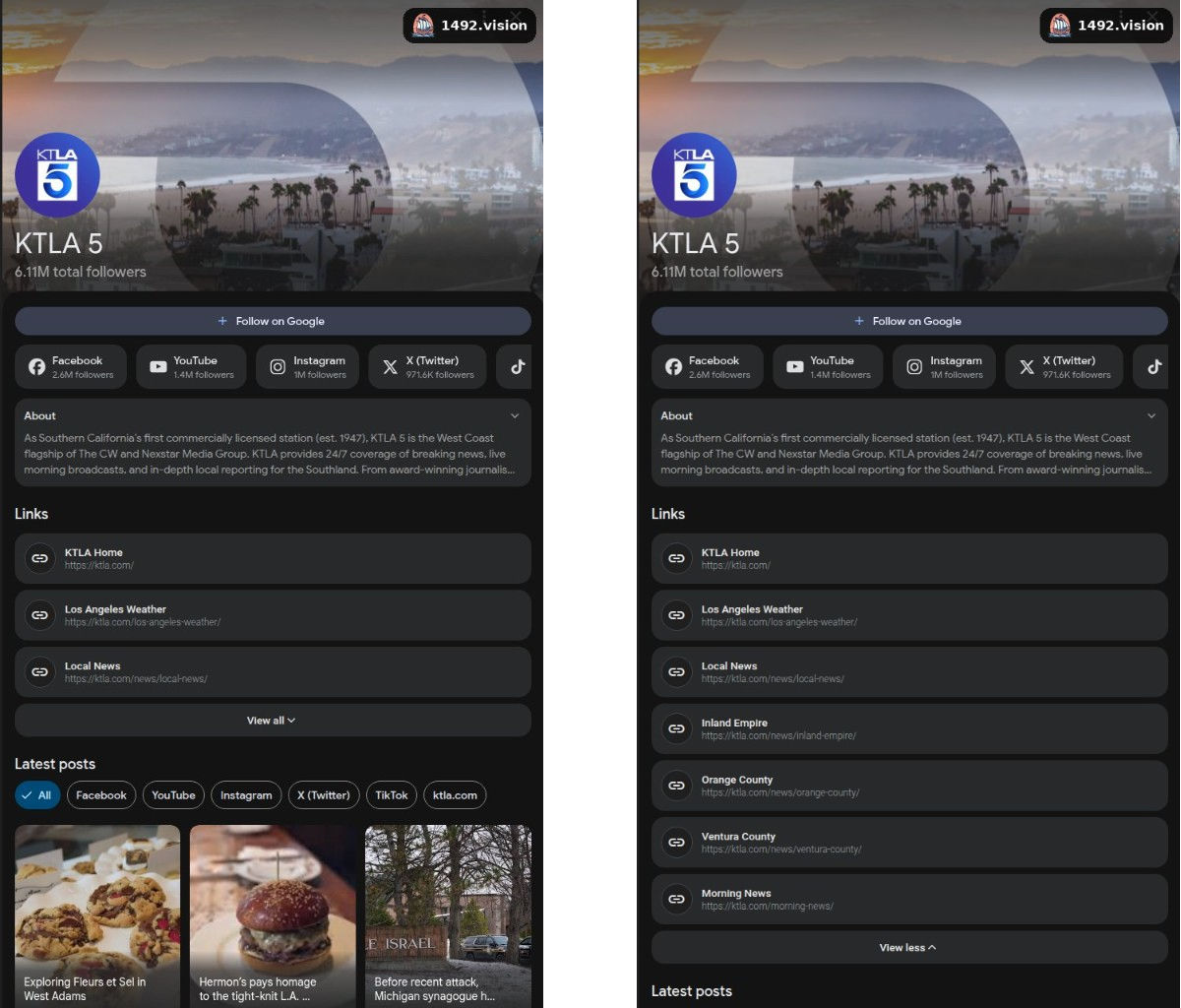 Page profil KTLA 5 avec le bloc Links