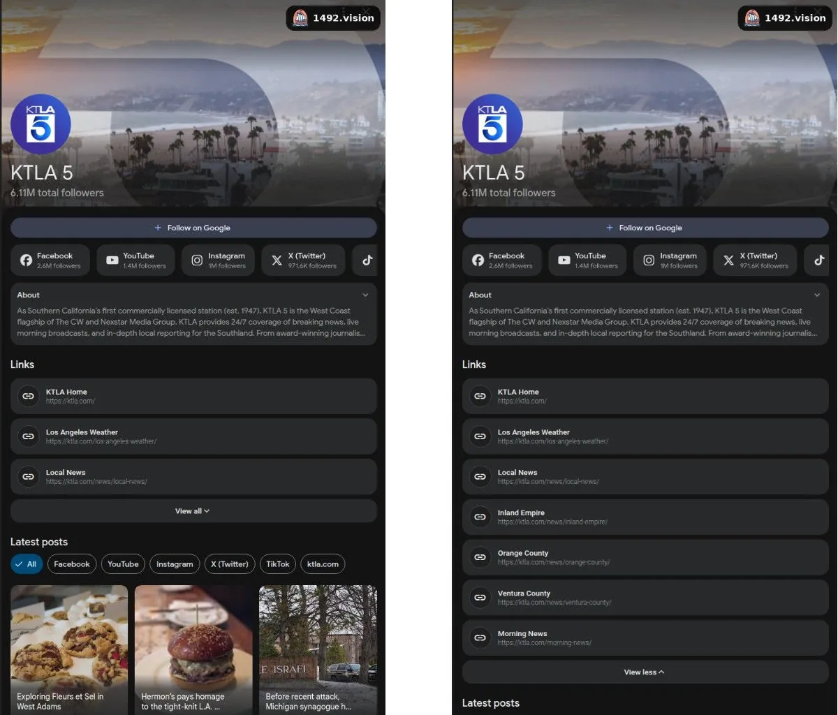 Page profil KTLA 5 avec le bloc Links