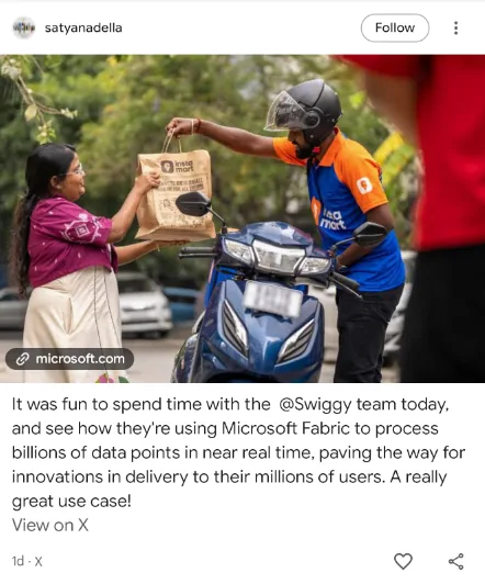 Carte Discover affichant un post X de Satya Nadella